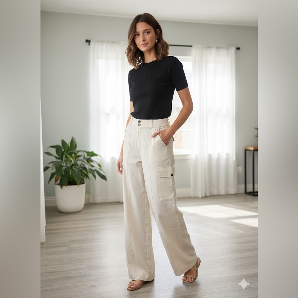 Wide Leg Cargo Pants in Cream